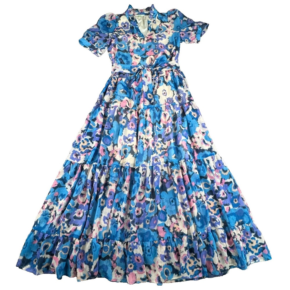 Jade Melody Tam Women's Maxi Dress XS Blue Floral Tiered Tie Waist